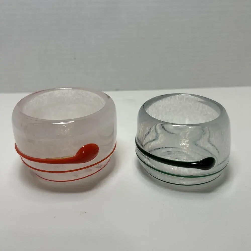 2 Hand Blown Studio Art Glass Votive Candle Holder Frosted Applied Green Orange